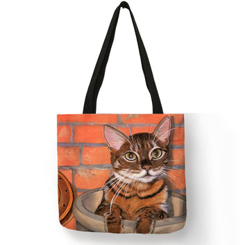 Sac fourre-tout réutilisable en lin écologique avec peinture à l'huile de chat