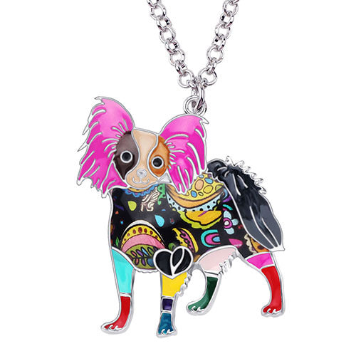 Enamel Alloy Standing Papillon Dog Necklace