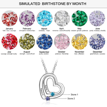 Collar con nombre personalizado y dos piedras de nacimiento grabadas a medida. Colgante de plata de ley 925.