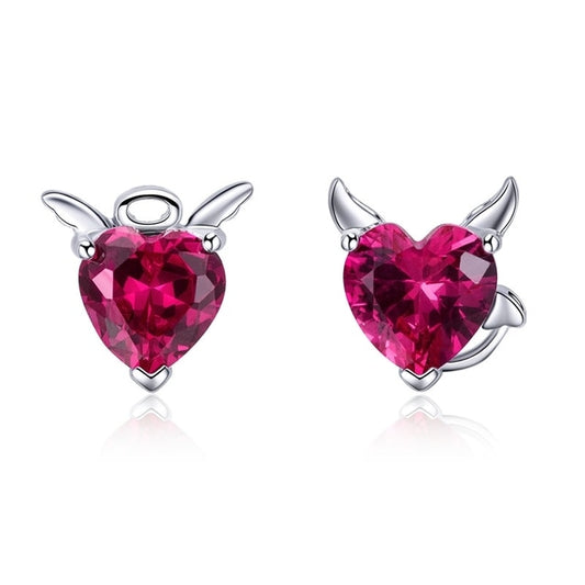 Pendientes de botón de ángel y diablo con corazón rosa en plata de ley 925