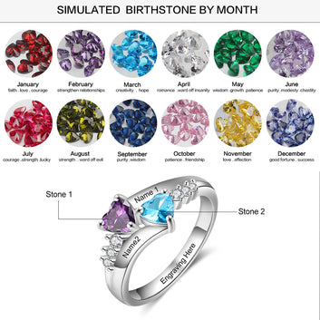 Anillo personalizado con nombre y dos piedras de nacimiento de corazón en plata de ley 925