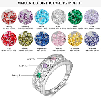 Anillo de amor infinito personalizado en plata de ley 925 con 3 piedras de nacimiento y nombre personalizado