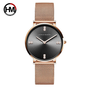 Black Stainless Steel Mesh Quartz Rhinestones Rose Gold Ladies Watch