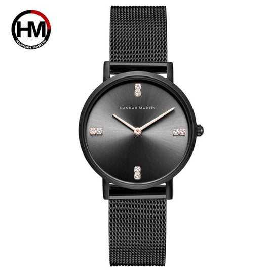 Black Stainless Steel Mesh Quartz Rhinestones Rose Gold Ladies Watch