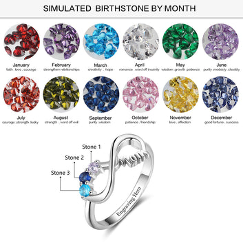 Bague personnalisée en argent sterling 925 avec gravure intérieure personnalisée et 3 pierres de naissance.