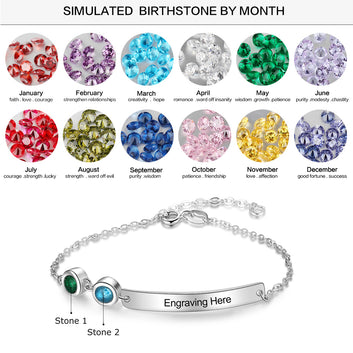 Personalized 2 Birthstones Custom Engraved Name Bracelet