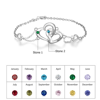 Pulsera personalizada con nombre grabado y piedra de nacimiento de corazón entrelazado