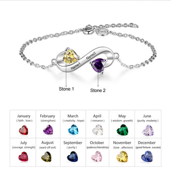 Pulsera personalizada con dos nombres grabados y piedra de nacimiento de corazón infinito