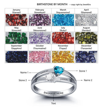 Anillo personalizado con nombre y piedra de nacimiento de doble corazón en plata de ley 925