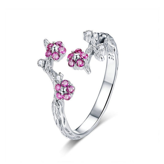 Anillo de ciruelo en flor de invierno en plata de ley 925