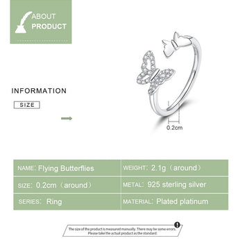 Anillo ajustable abierto con mariposas voladoras en plata de ley 925