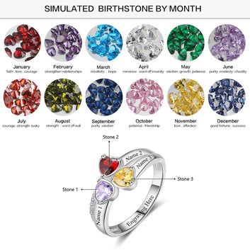 Anillo personalizado de plata de ley 925 con forma de corazón y piedra de nacimiento, grabado con 3 nombres