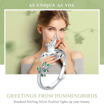 Anillo abierto de plata de ley 925 con diseño de pájaro, hojas de árbol y primavera