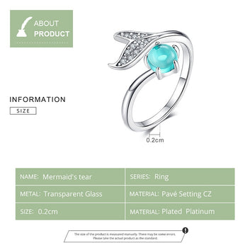 Anillo de cola de pez con lágrima de piedra azul oceánica en plata de ley 925