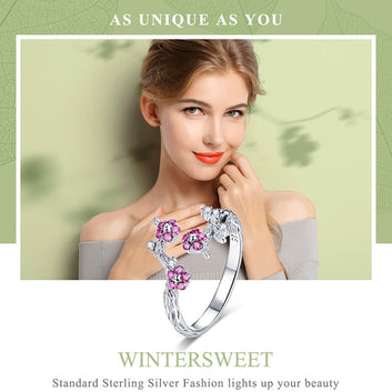 Anillo de ciruelo en flor de invierno en plata de ley 925