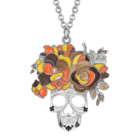 Floral Enamel Alloy Halloween Flower Skull Necklace