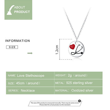 Collar con forma de corazón de estetoscopio médico en plata de ley 925