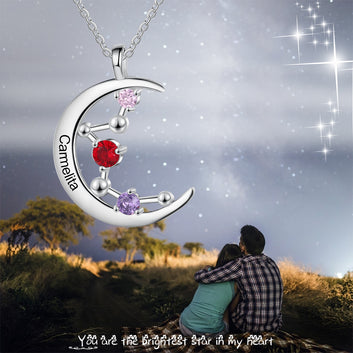 Collar personalizado con colgante de constelación lunar para mujer, joyería de plata con 3 piedras de nacimiento personalizadas.