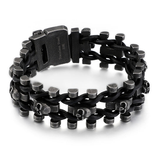 Pulsera tejida de cuero con esqueleto negro hervido estilo punk