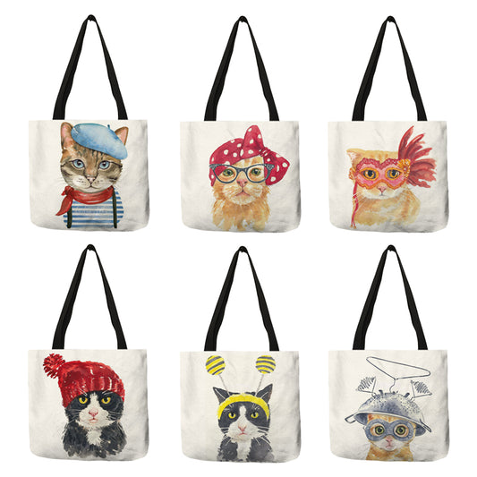 Sacs de courses réutilisables à imprimé chat mignon, sac pliable en lin écologique