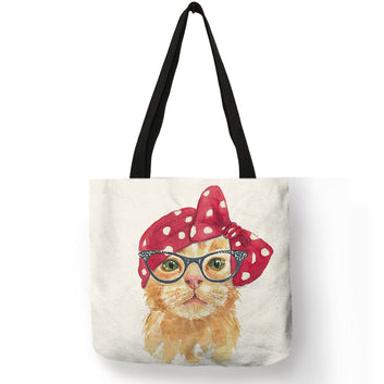 Sacs de courses réutilisables à imprimé chat mignon, sac pliable en lin écologique