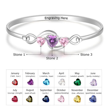 Personalized 3 Heart Birthstones Customized Engraving Infinity Bracelet