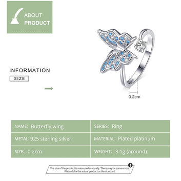 Anillo ajustable abierto con mariposa voladora en plata de ley