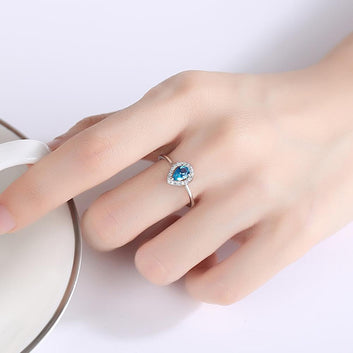 Blue Oval Topaz Engagement Gemstone Ring