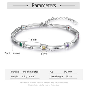Pulsera personalizada con incrustaciones de piedra de nacimiento cuadrada y 8 nombres grabados