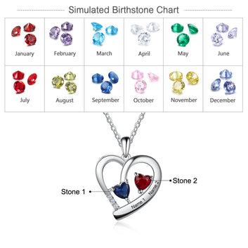 Collar de corazón personalizado con colgante con nombre y piedra de nacimiento grabada