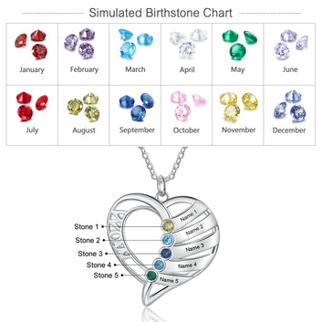 Collar con piedra de nacimiento personalizada y colgante de corazón grabado con nombre de familia personalizado