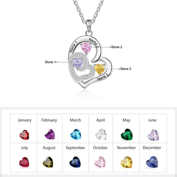 Collar romántico con nombre personalizado grabado para mujer. Collar con colgante de corazón personalizado y 3 piedras de nacimiento.