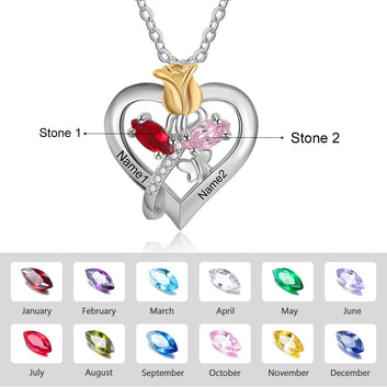 Collar personalizado con colgante de rosa y nombre de pareja, con piedra de nacimiento grabada en forma de corazón.