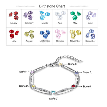 Pulsera personalizada con 6 piedras de nacimiento incrustadas y nombre grabado