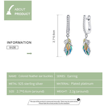 Pendientes de plumas de colores en plata de ley 925