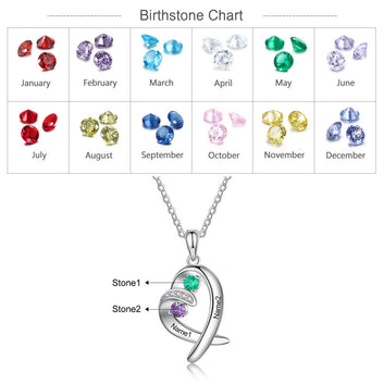 Colgante romántico de corazón con nombre personalizado y dos piedras de nacimiento incrustadas. Collar para pareja con grabado personalizado.