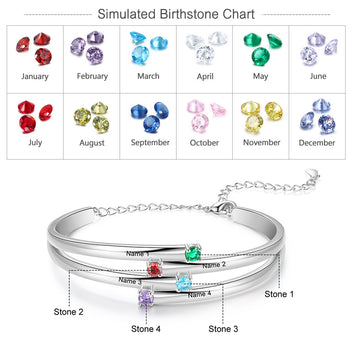 Pulsera personalizada con 4 piedras de nacimiento y nombre grabado