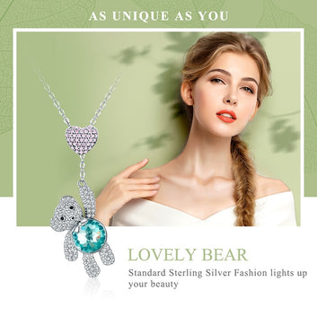 Collar de plata de ley 925 con corazón rosa y oso adorable