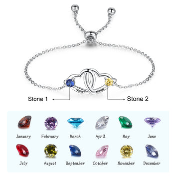 Customized Birthstone Double Heart Personalized Name Engraved Bracelet