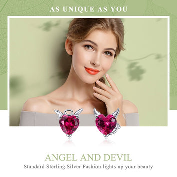 Pendientes de botón de ángel y diablo con corazón rosa en plata de ley 925