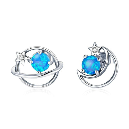 Pendientes de plata 925 con diseño de planeta misterioso, ópalo azul, luna y estrella