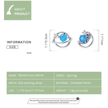Pendientes de plata 925 con diseño de planeta misterioso, ópalo azul, luna y estrella