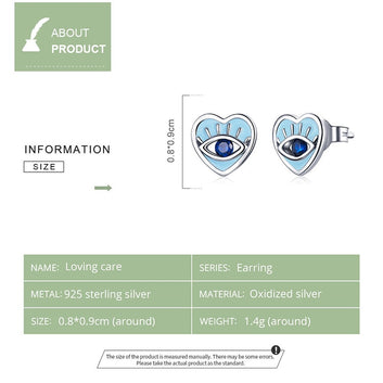 Pendientes de plata de ley 925 con forma de corazón de circonita azul y ojo de diablo