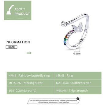 Bague papillon arc-en-ciel en argent sterling 925