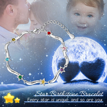 Pulsera personalizada con 2-7 nombres y estrella con incrustaciones de piedra de nacimiento