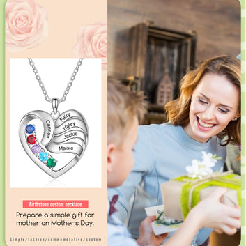 Collar de corazón personalizado con 2-5 nombres y piedras de nacimiento personalizadas. Joyería de moda.