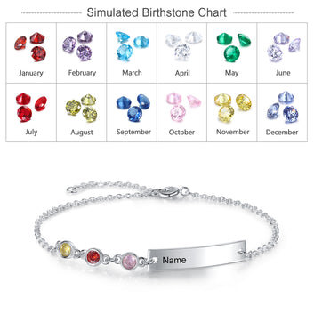Personalized Name 3 Birthstones Customized Engraving Bracelet