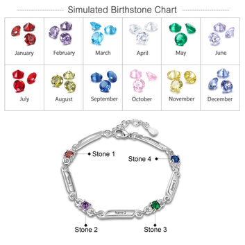 Pulsera personalizada con 4 piedras de nacimiento y nombres familiares grabados