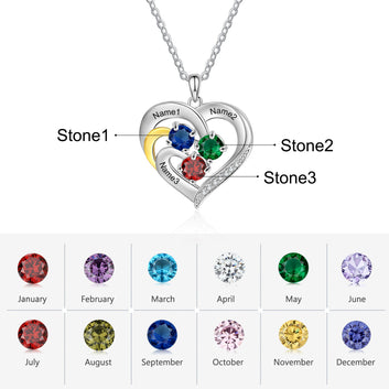 Colgante de corazón personalizado con piedra de nacimiento redonda y collar con 3 nombres grabados.