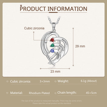 Collar con nombre grabado personalizado y colgante romántico de corazón con 2-4 piedras de nacimiento incrustadas